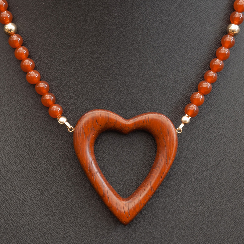 Graham McPherson designed Padauk wood Heart Pendant on a Carnelian and 14k Gold Filled beaded necklace