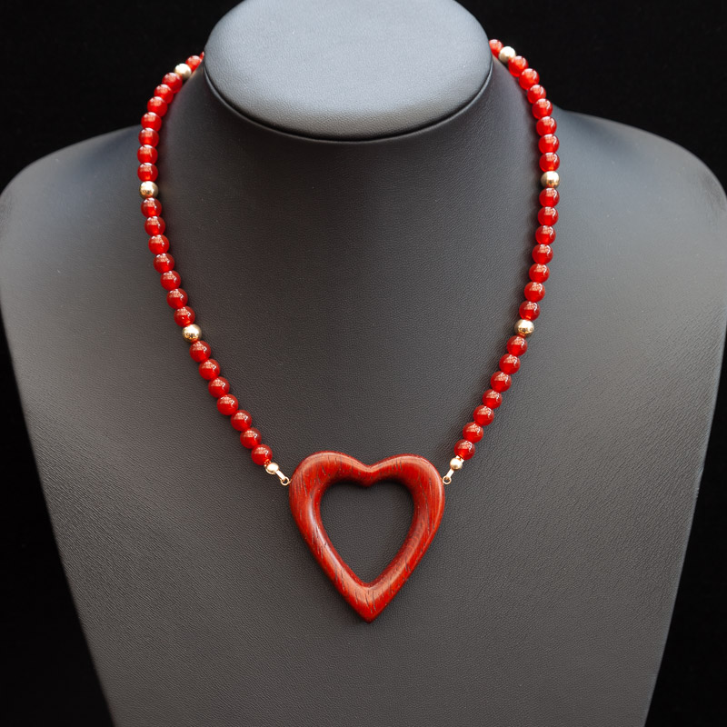 Padauk Heart Pendant on Carnelian and 14k gold filled Beaded Necklace