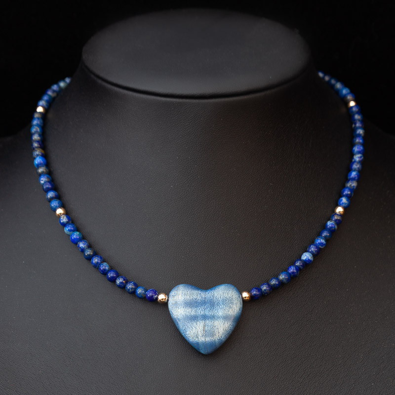 Blue Maple Heart Pendant on Lapis Lazuli Beaded Necklace