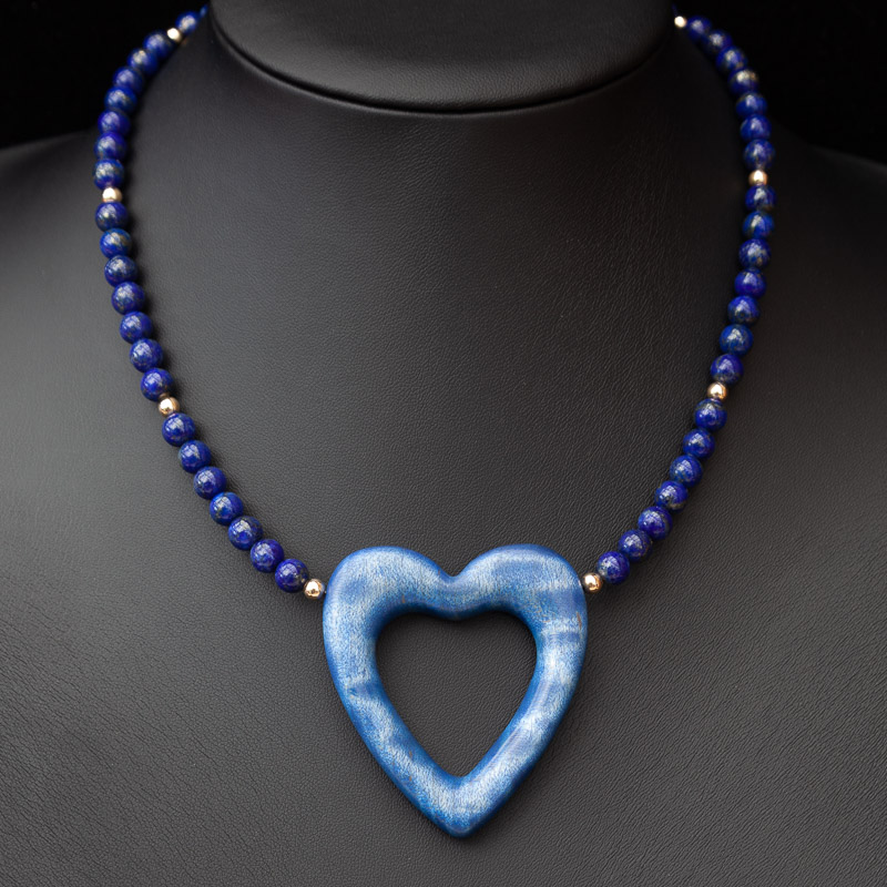 Blue rippled maple Heart Pendant on Lapis Lazuli and 14k gold filled beaded necklace by Graham Mcpherson