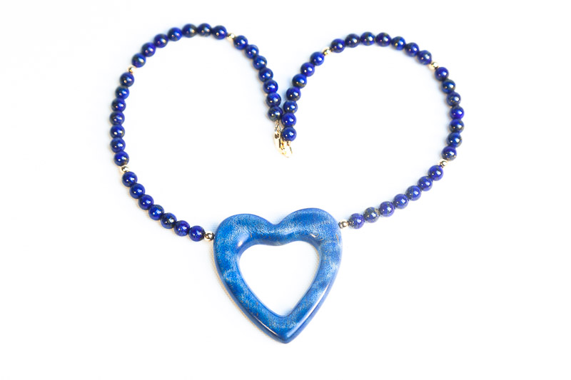 Blue flame maple heart on Lapis Lazuli beaded necklace by Graham McPherson