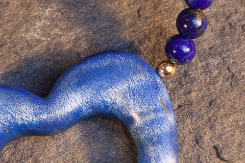 Close up of Blueflame Maple Pendant and Lapis Lazuli Necklace with 14k Gold Filled Beads