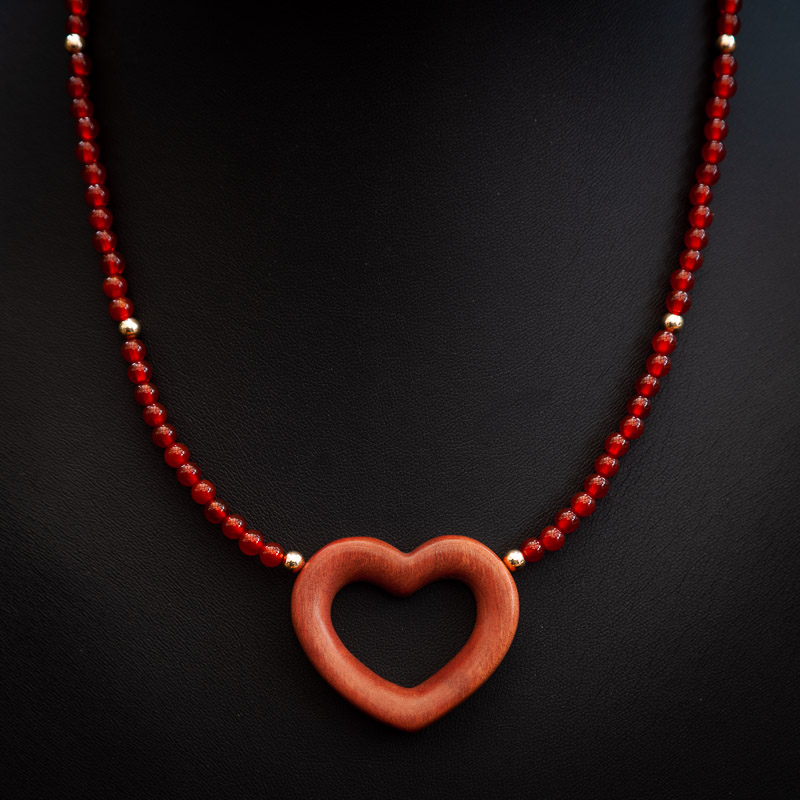 Pink Ivory Heart Pendant on a Carnelian and 14k Gold Filled Beaded Necklace