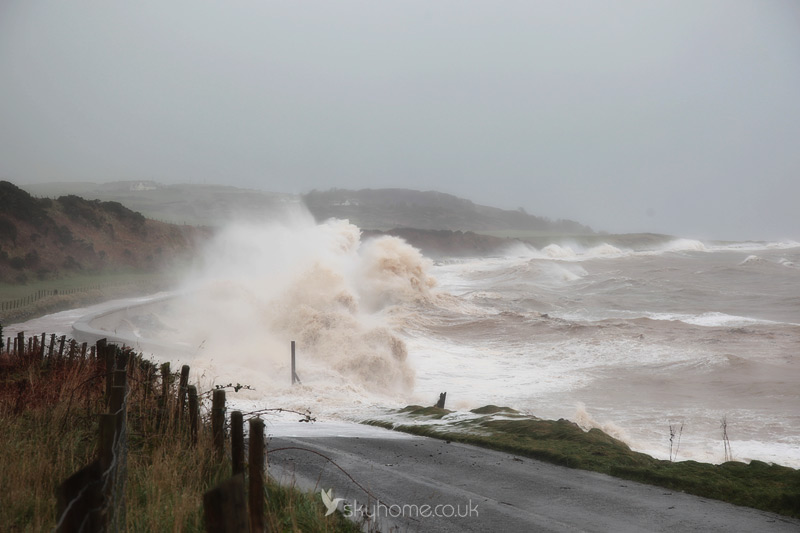 Storm Barra sea explodes on wall at Drummore.